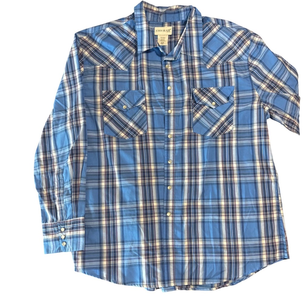 John Blair Western Shirt Mens XL Pearl Snap Blue Plaid Poly Cotton LS Regular